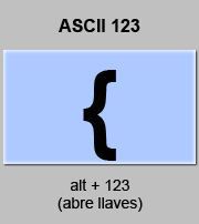 Codigo ASCII { , Abre - llaves curvas, tabla con los codigos ASCII completos, caracteres simbolos letras abre, llaves, curvas,ascii,123, ascii codigo, tabla ascii, codigos ascii, caracteres ascii, codigos, tabla,