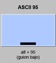 Codigo ASCII _ , Guión bajo , subrayado , tabla con los ASCII completos, caracteres simbolos letras guion, bajo, subgion,ascii,95, ascii codigo, tabla ascii, codigos ascii, caracteres codigos,
