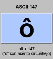 codigo ascii 147 - Letra o minúscula con acento circunflejo 