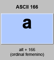 codigo ascii 166 - Ordinal femenino, indicador de genero femenino 